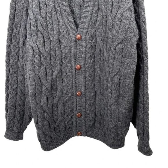 LL Bean Irish Fisherman Knit Leather Cardigan Sweater 100% Wool Sz  XL Like New! - Picture 4 of 8